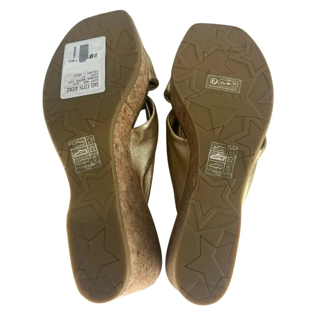 Jimmy Choo Avenue‎ Metallic Leather Cork Wedge Sandals Gold 37